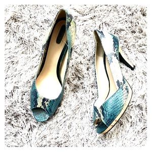 Green and white heels with cork heels